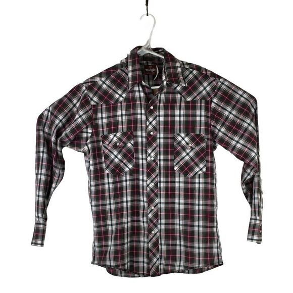 Wrangler Mens Sz Medium Red Green Fashion Western Pearl Snap Plaid Button Shirt - Picture 1 of 6